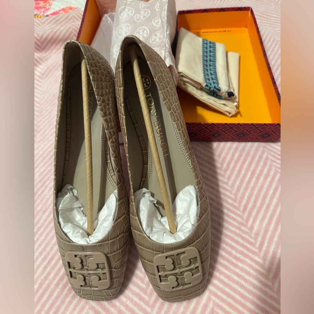 Tory Burch Taupe Croc-Embossed Logo Ballet Flats